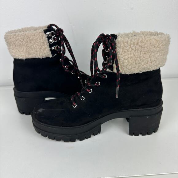 Forever 21 Womens Lace-Up Chunky Heel Fleece Faux Suede Black/Beige Booties 6 - Picture 6 of 10